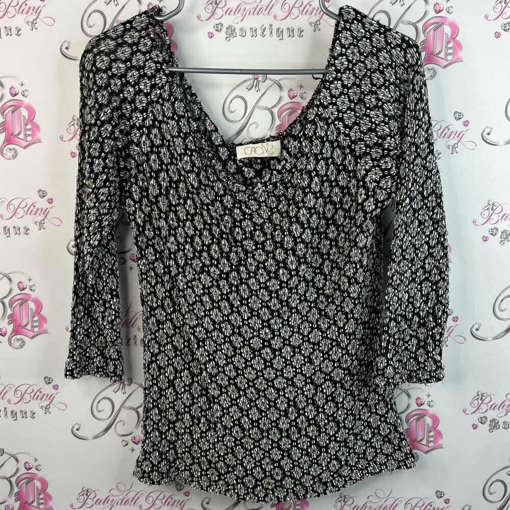Cache long sleeve to paisley flowers crinkled Black and White Patterned Blouse